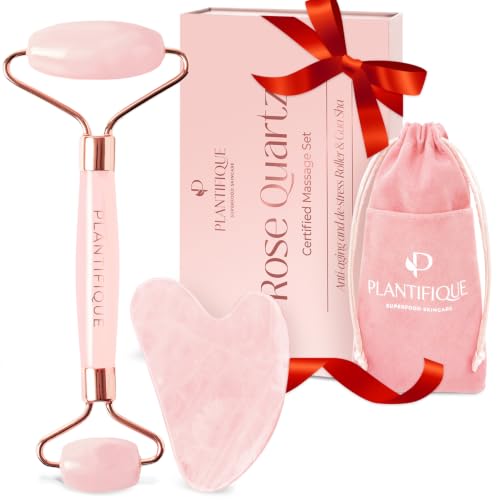 PLANTIFIQUE Rose Quartz Gua Sha & Face Roller Set, Certified Face Massager | Guasha Facial Tool & Roller for Lymphatic Drainage & Face Sculpting - Reduce Puffiness & Relieve Tension - Skin Care Gifts