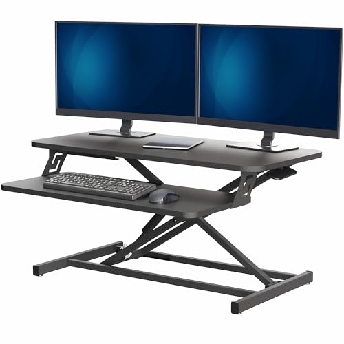 VIVO Manual Height Adjustable Standing Desk Riser, 32" Black Top | Desktop Holds 33 lbs, Two-Tier Desktop, Height Adjustable, Stand Up Desk Riser, Wide Keyboard Tray, Black Frame, DESK-V000S
