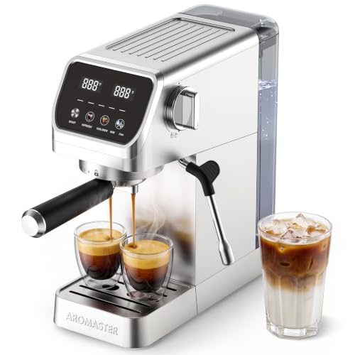 Aromaster 1400W Espresso Machine with Milk Frother, Stainless Steel | One-Touch Descaling, 20 Bar, Compact Espresso Maker for Latte Cappuccino Home Use, Removable 37oz Water Tank, Touch Screen