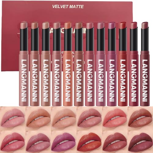 12Pcs Velvet Matte Lipstick Set, Nude to Dark Shades, Long-Lasting,Color A