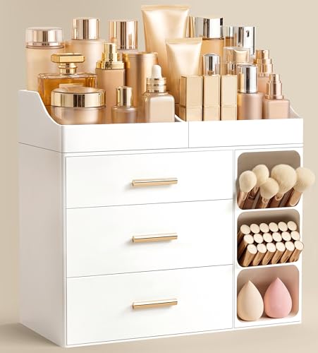 HBlife Makeup Organizer Countertop with Brush Holder,Large Bathroom Counter Organizer with Drawers,Skincare Organizers for Vanity,Plastic Dresser Organizer Storage Gift for Women Girl Mom,All White