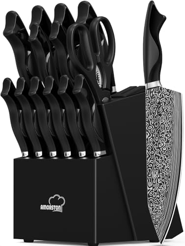 Knife Set, 15 Pieces Kitchen Knife Set with Built in Sharpener, High Carbon German Stainless Steel Knife Block Set, Dishwasher Safe, Fathers Day Gift for Men