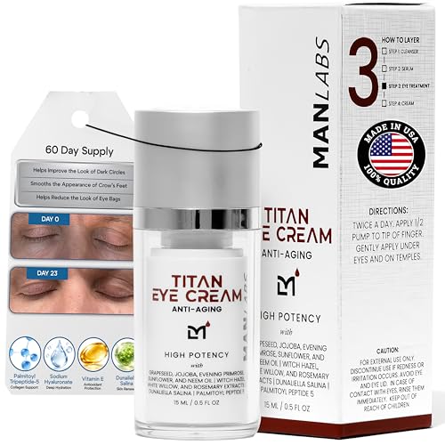 Man Labs Titan Mens Eye Cream Anti Aging for Dark Circles Under Eye Treatment – Mens Eye Bags Treatment for Men – Crows Feet Eye Treatment for Men – Puffy Eyes Treatment Man – Peptides & HA–Unscented