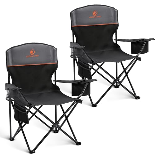 ALPHA CAMP 2-Pack Folding Camping Chair with Cooler Bag & Lumbar Support | Durable steel frame & Oxford fabric. Features 4-can cooler, 350lbs Capacity side pocket,Carry Bag,Cup Holder,Pocket,for Sand