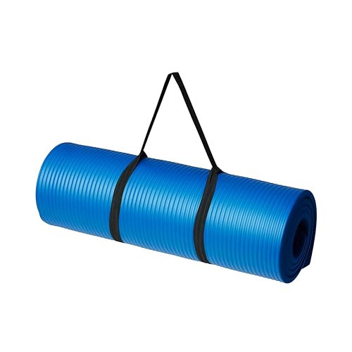 Amazon Basics 1/2 Inch Extra Thick Exercise Yoga Mat with Carrying Strap for Home Workouts and Fitness, Non-Slip, Cushioned Support, 74" x 24" x 0.5", Blue