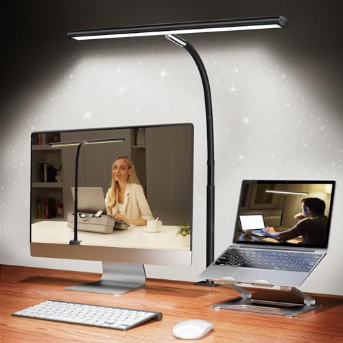 Airlonv LED Desk Lamp with Clamp, 17" Stepless Dimming Light, Black