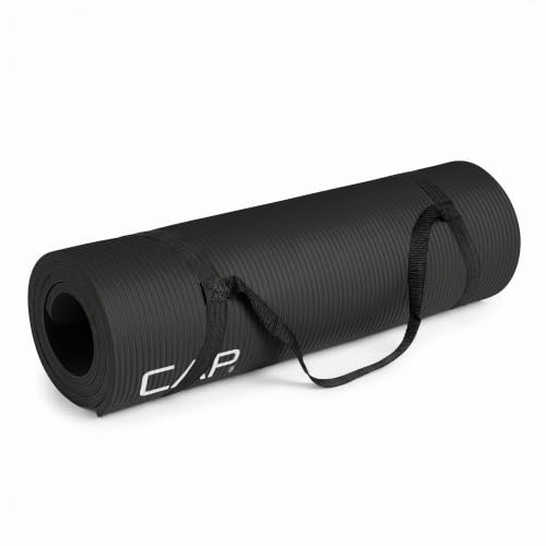 CAP Barbell Yoga Mat 1/2" Thick with Carrying Strap - High Density Exercise Mat for Yoga, Pilates, Stretching, Floor & Fitness Workouts - 68''x24''x1/2" | Black