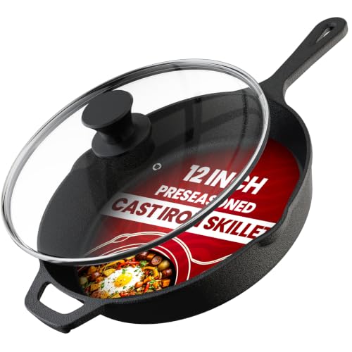 Utopia Kitchen Cast Iron Skillet 12 Inch with Lid Chefs Frying Pan Black | Chefs Pan, Pre Seasoned Skiller, Indoor and Outdoor Use, Grill Safe Cookware, Even Heat Distribution, Durable
