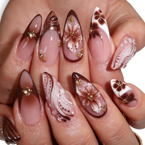 French Tips Press on Nails Medium Almond Nails Press on with 5D Flower Charm Design Glossy Brown Glue on Nails Water Ripple Rhinestones Fake Nail Reusable Fall Winter Nail for Women Manicure 24Pcs
