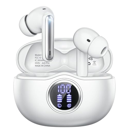 Fhumsh Wireless Earbuds, Bluetooth 5.3 Headphones HiFi Stereo 50H Playback LED Digital Display Ear Buds with ENC Noise Canceling Headset, IPX7 Waterproof Earphones for Gym/Running/Work(White)