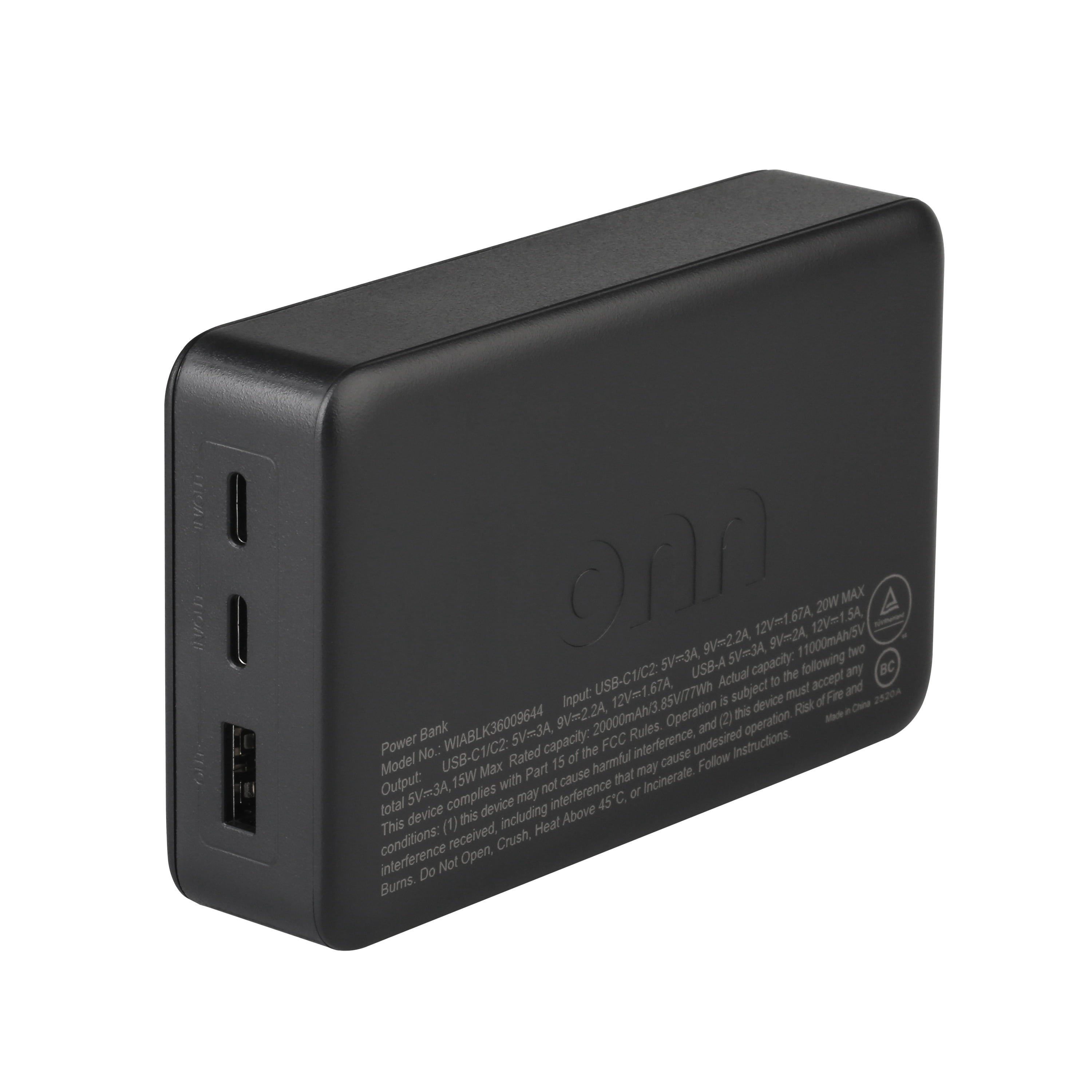 Onn 20,000 mAh Portable Battery, Fast charging 20W, with Digital Readout, Dual USB-C ports + USB-A port, Black