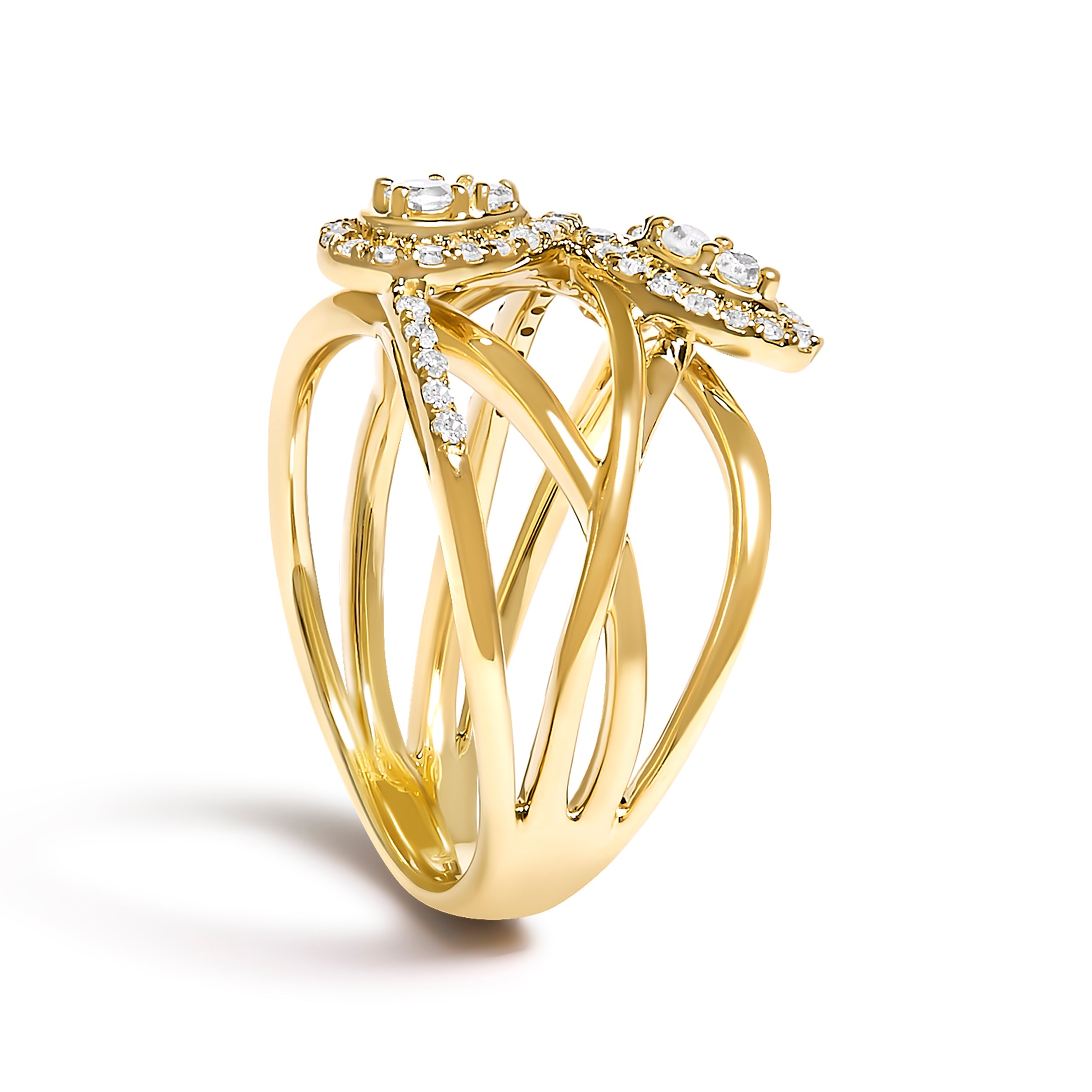 10K Yellow Gold 1/2 Cttw Diamond Crossover 3 Leaf Floral Cocktail Ring Band (H-I Color, SI1-SI2 Clarity) - Size 7