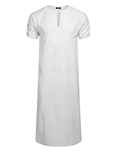 COOFANDY Men's V-Neck Linen Robe Short Sleeve Kaftan Thobe Long Gown Casual Shirt for Beach, Summer (Navy Blue, Large)