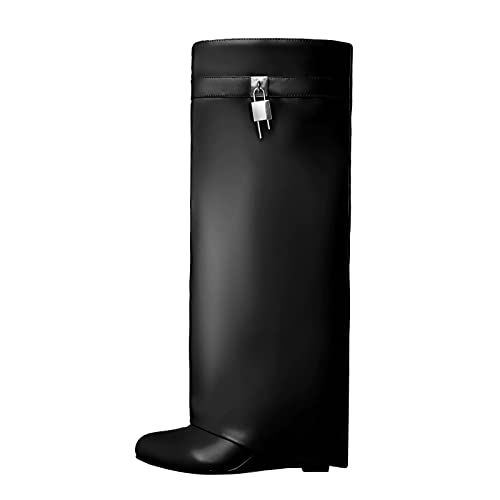 Yishaweiqi Padlock Detail Fold Over Boots for Women Wide-Calf Shark Boots Wedge Heel Knee High Long Boot in Tan Brown Faux Leather