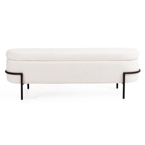Beige Storage Ottoman Bench with Metal Stand, Upholstered Sherpa Stool with Large Storage Space, Modern Storage Bench for Living Room/Bedroom/End of Bed/Entryway/Bed Side, 52''L