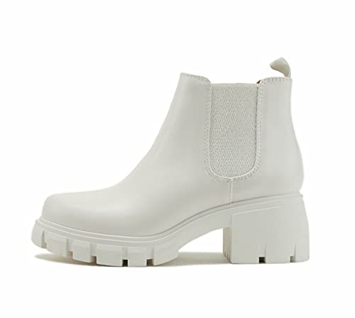 Soda PIONEER ~ Women Lug Sole Mid Heel Chelsea Fashion Ankle Bootie w/Double Elastic Gore (White, us_footwear_size_system, adult, women, numeric, wide, numeric_8_point_5)
