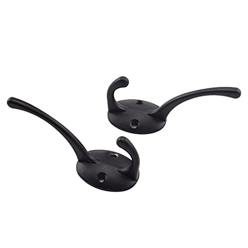 Aifeier ET 2 Pack Black Retro Double Hook Wall Mounted with 4 Screws for Coat, Bag, Cap, Hat, Towels, Keys, Scarf, etc.