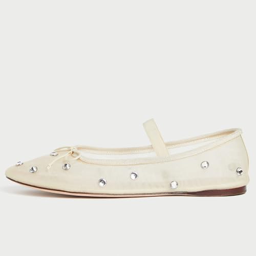JORISTIMO Crystal Mesh Ballet Flats Stretch Band Snip Toe Ballerinas Flats Mary Jane Beige