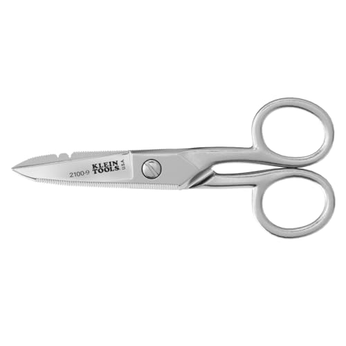 Klein Tools 2100-9 Stainless Steel Electrician Scissors, Made in USA, 5.25-Inch Free-Fall Handle Snips, Stripping Notches, Non-Slip Serrated Blade