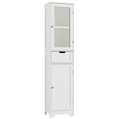 HORSTORS Bathroom Cabinet, Storage Cabinet with 2 Doors & 1 Drawer, Floor Freestanding Cabinet with Adjustable Shelves, Narrow Tall Cabinet for Bathroom, Living Room, Home Office, White