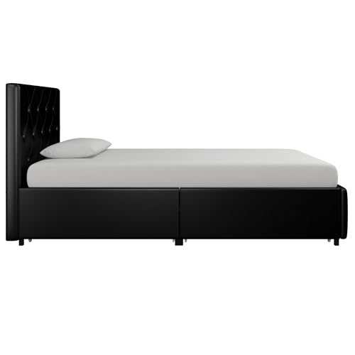 DHP Dakota Upholstered Platform Bed with Underbed Storage Drawers and Diamond Button Tufted Headboard and Footboard, No Box Spring Needed, Twin, Black Faux Leather