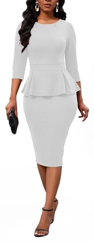Women Fashion Peplum Bodycon 3/4 Sleeve Bow Wear to Work Club Business Formal Ruffle Pencil Party Dress Sky Blue Medium