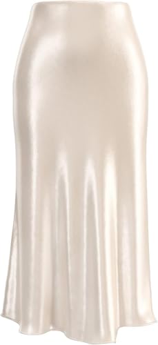 Soowalaoo Womens Skirt Midi Long Length Silk Satin High Waisted Elastic Casual Trendy Summer Skirts Yellow S