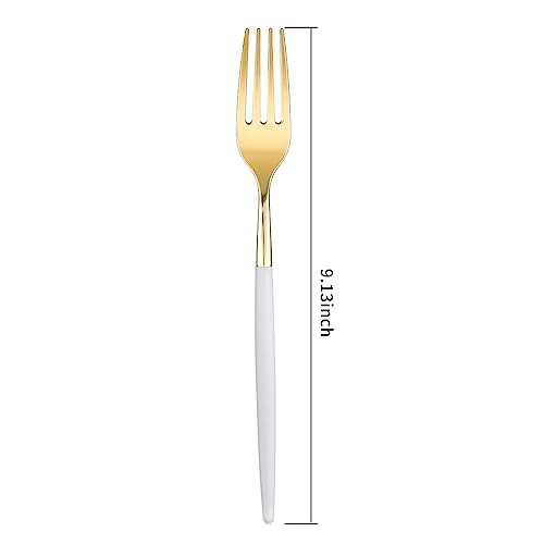 I00000 144 Plastic Forks, Disposable Flatware with White Handle, Look Like Gold Cutlery for Party Wedding