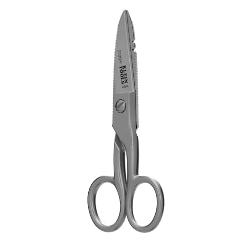 Klein Tools 2100-9 Stainless Steel Electrician Scissors, Made in USA, 5.25-Inch Free-Fall Handle Snips, Stripping Notches, Non-Slip Serrated Blade