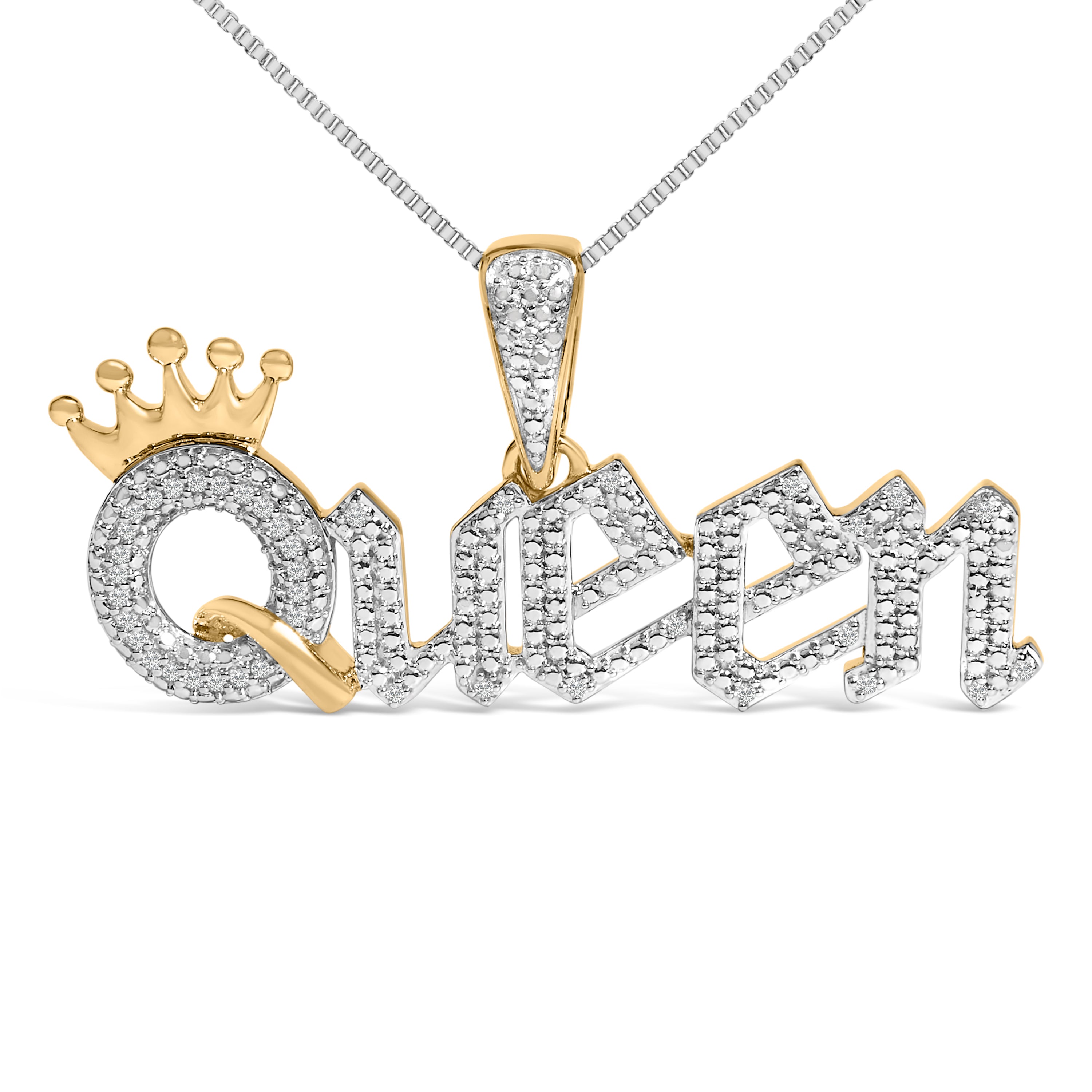 14K Yellow Gold Plated Sterling Silver 1/10 Cttw Diamond “Queen†Nameplate Pendant Necklace
