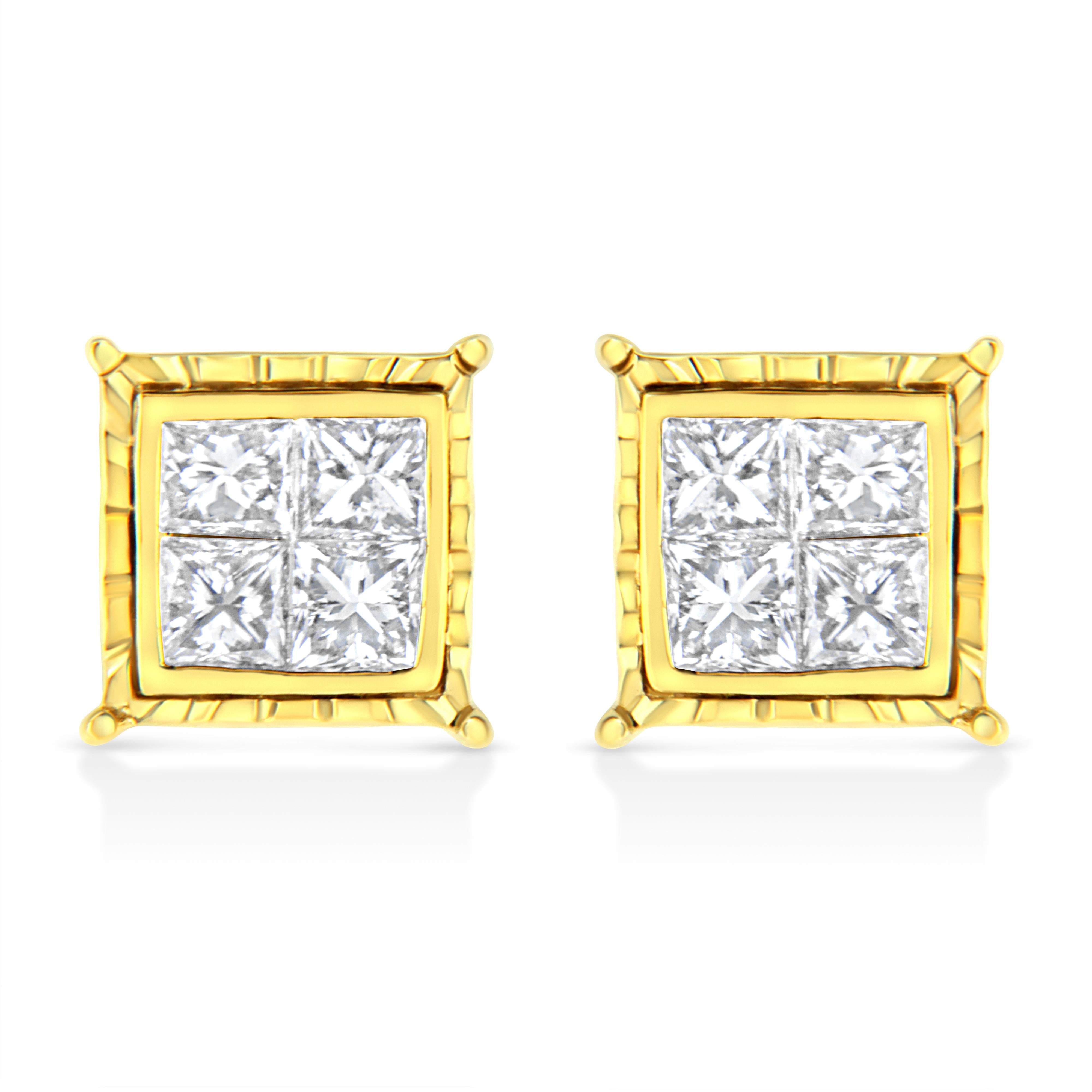 14K Yellow Gold 1.0 Cttw Invisible Set Princess-Cut Diamond Composite 8 Stone Stud Earrings (I-J Color, SI1-SI2 Clarity)
