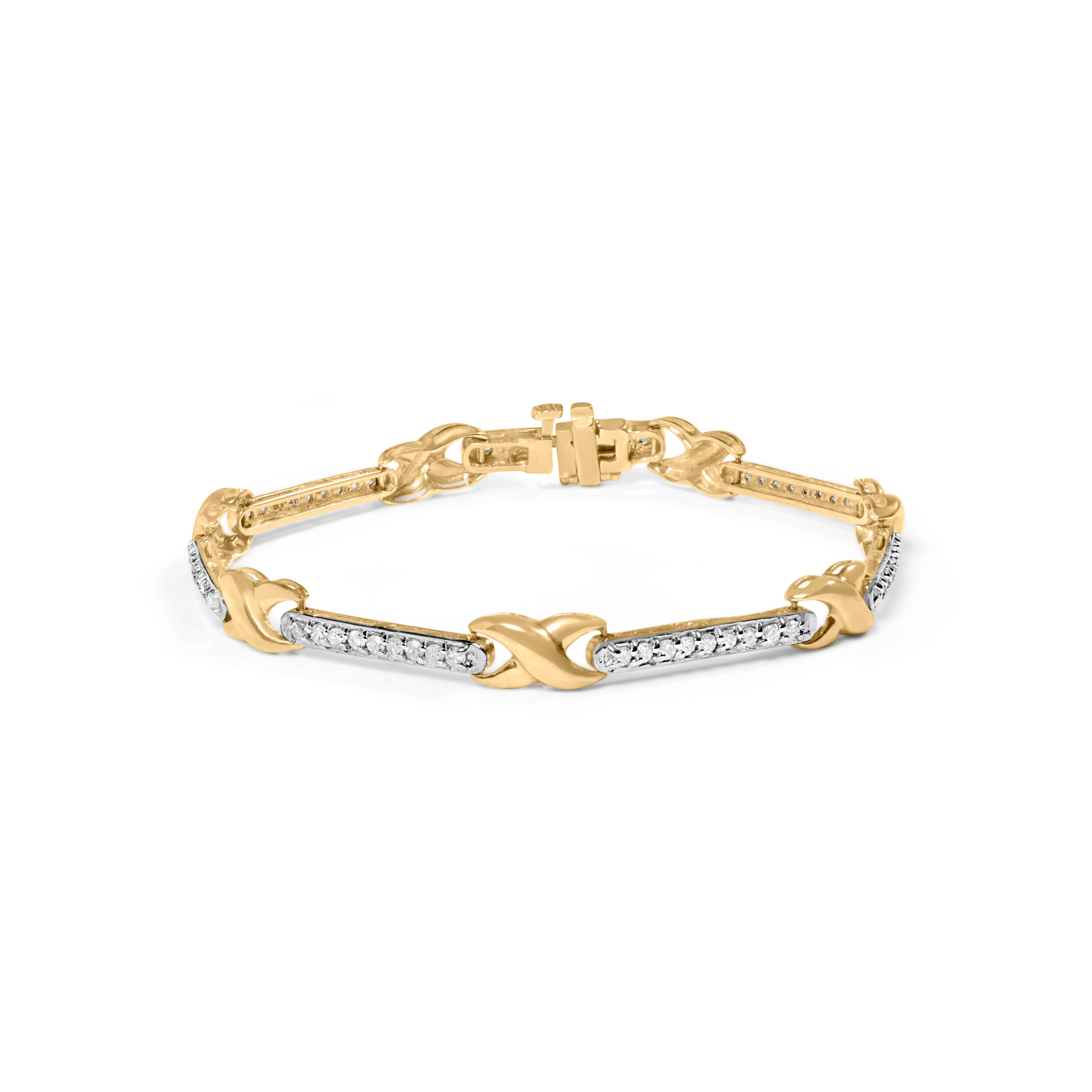 10K Yellow Gold 1.00 Cttw Pave Set Diamond Bar and X-Link 7" Bracelet (I-J Color, I3 Quality)