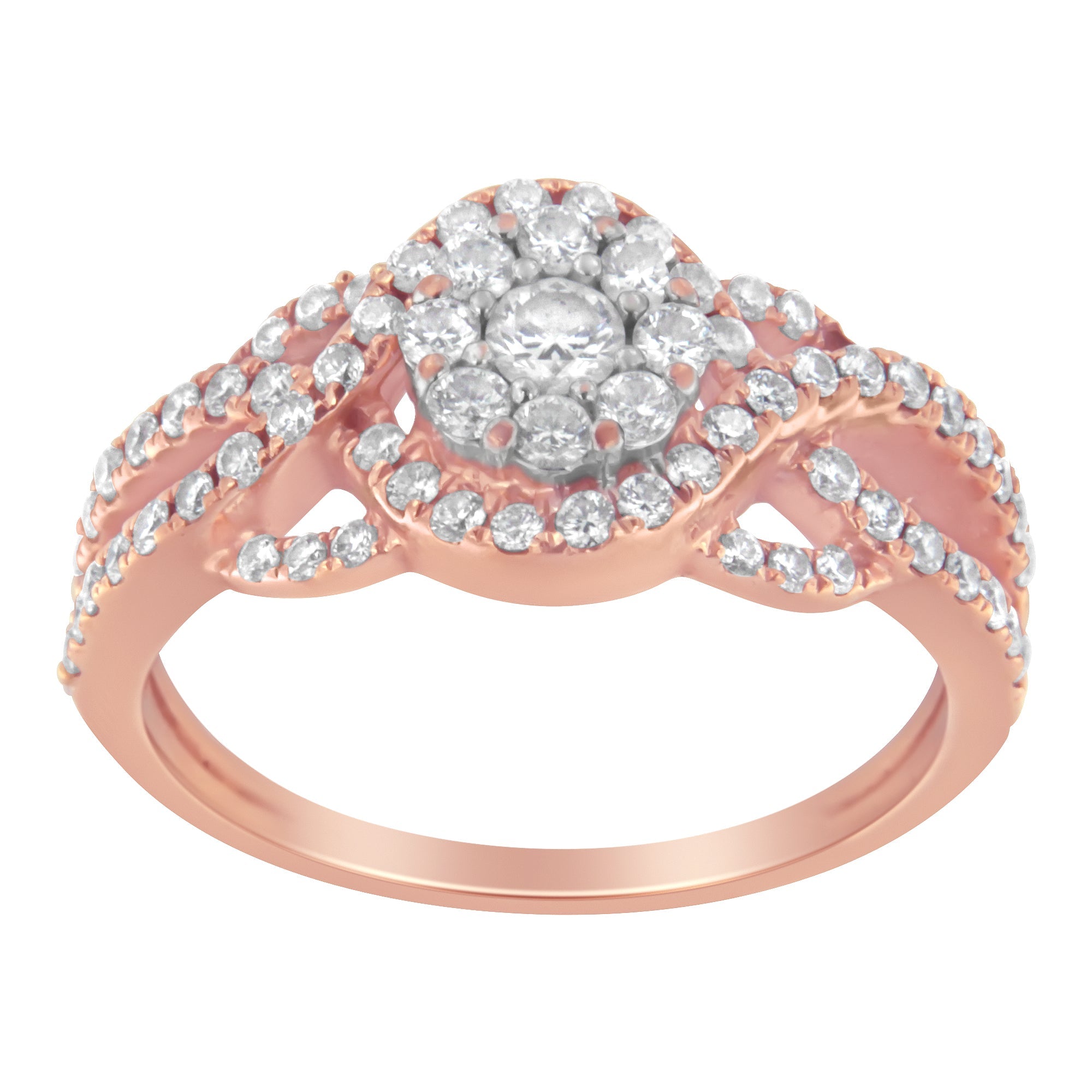 10K Rose Gold 3/4 Cttw Diamond Floral Cluster Head and Twisted Shank Cocktail Ring (H-I Color, SI1-SI2 Clarity)- Size 7