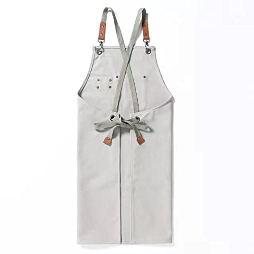 Tosewever Canvas Cross Back Chef Cotton Aprons for Men Women with Large Pockets (Beige)