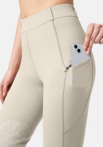 SANTINY Women's Horse Riding Pants with Zipper Pockets Knee-Patch Schooling Tights Equestrian Breeches for Women (White_XL)