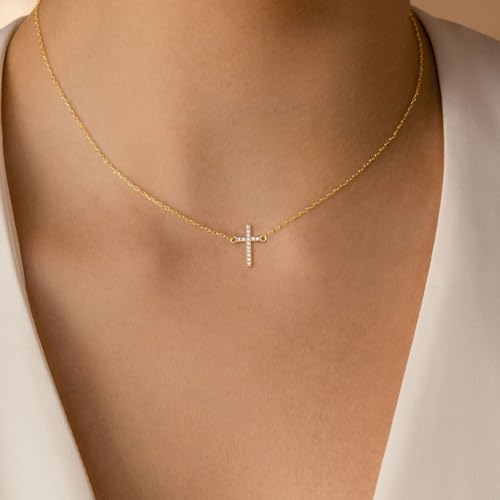 HANLI Cross Necklace for Women, 14k Gold/Silver Plated Dainty Simple Tiny Cross Necklace