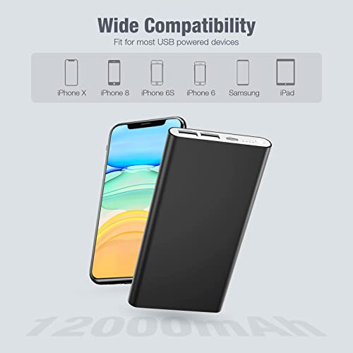 EnergyCell Pilot 4GS Portable Charger 12000mAh Fast Charging Power Bank Dual 3A High-Speed Output Battery Pack Compatible with iPhon14 13 12 11 Samsung S10 and More(Charging Cable Included (Black)