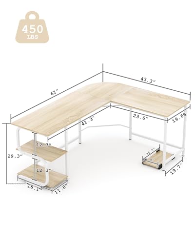 Teraves Reversible L Shaped Desk with Large Surface, 61 Inch Sturdy Corner Desk with Storage Shelves, Premium Office Computer Desk Workstation for Home Office Gaming