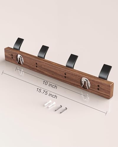 Statiem Coat Rack Wall Mount Coat Hooks, Wooden Black Coat Rack with 4 Hooks Aluminum Wall Hook Rack for Hanging Coat Hat Bag Towel Hanger Rustproof Walnut Wood Coat Holder 15.7 Inches