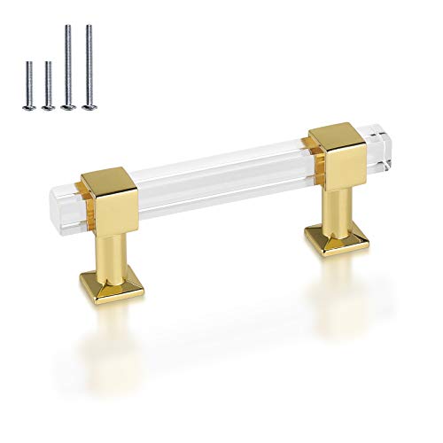 Mengico 3-1/2 Inch Cabinet Pulls Kitchen Cabinet Handles 5 Pack Gold Modern Drawer Pulls Acrylic Cabinet Hardware for Bathroom