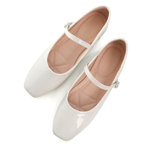 LUXINYU Mary Jane Shoes for Women Leather Flats Square Toe Adjustable Ankle Strap Ballet Dance Shoes Comfortable School Uniform Shoes,Silver 7