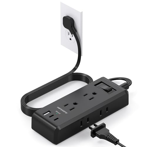 Cruise Ship Essentials, Flat Plug Extension Cord, Power Strip with 6 Outlets 3 USB Ports(2 USB C), 5ft Outlet Extender with Wall Mount No Surge Protector for College Dorm Room Travel Essentials