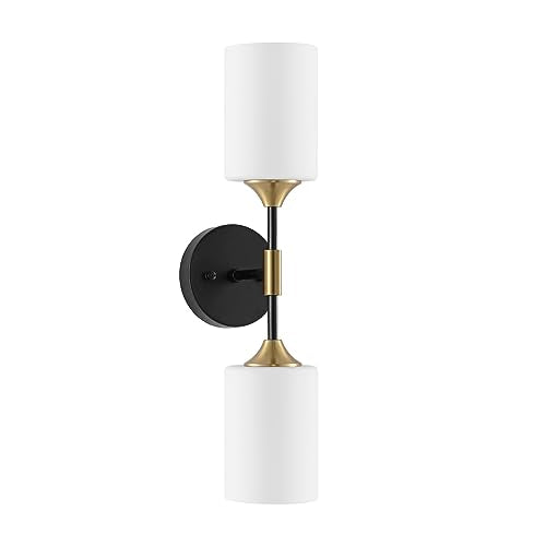 BYOLIIMA Industrial Mid Century Wall Sconce 2-Lights with White Cylinder Glass Shades Modern Bathroom Vanity Wall Lamp Matte Black and Gold Brushed Brass Finished Wall Light Fixture