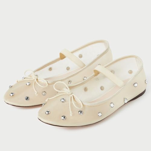 JORISTIMO Crystal Mesh Ballet Flats Stretch Band Snip Toe Ballerinas Flats Mary Jane Beige