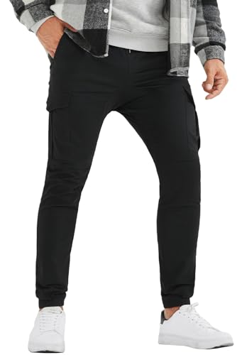 JMIERR Men's Fashion Cargo Pants - Casual Cotton Tapered Stretch Twill Chino Athletic Joggers Sweatpants Lightweight Drawstring Workout Trousers with Pockets for Men, US 34(M), 1 Black