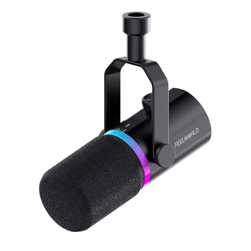 FEELWORLD PM1 XLR USB Dynamic Microphone for Podcast Recording PC Computer Gaming Live Streaming Vocal Voice-Over, Studio Metal Mic with Voice-Isolating, RGB Light, Mute Button, Headphones Jack