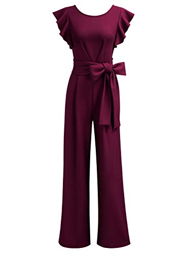 Knitee Women's Vintage Sleeveless Ruffle High Waist Wide Leg Romper Formal Long Jumpsuit with Belt (A-Burgundy, Small, s)