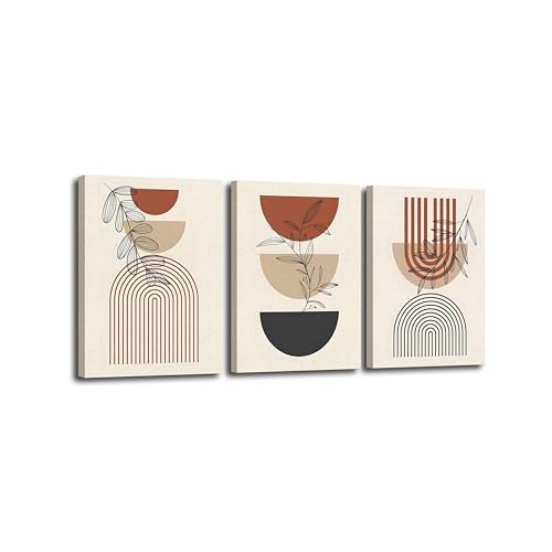 Boho Wall Art Framed Abstract Art Prints Mid Century Modern Art Minimalist Art Wall Decor Geometric Line Leaf Aesthetic Canvas Bathroom Bedroom Decor (Boho, 12x16inch x3)