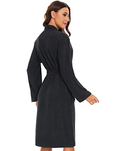 Knuffnee Women Bath Robes Terry Cloth Towel Robe Knee Length Bathrobe with Pockets Black S