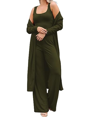 SWOMOG Women Knit Matching Sets 3Pcs Pajamas Crop Tops Casual Cardigan and Long Pants Lounge Set Pjs Ribbed Travel Outfits Army Green